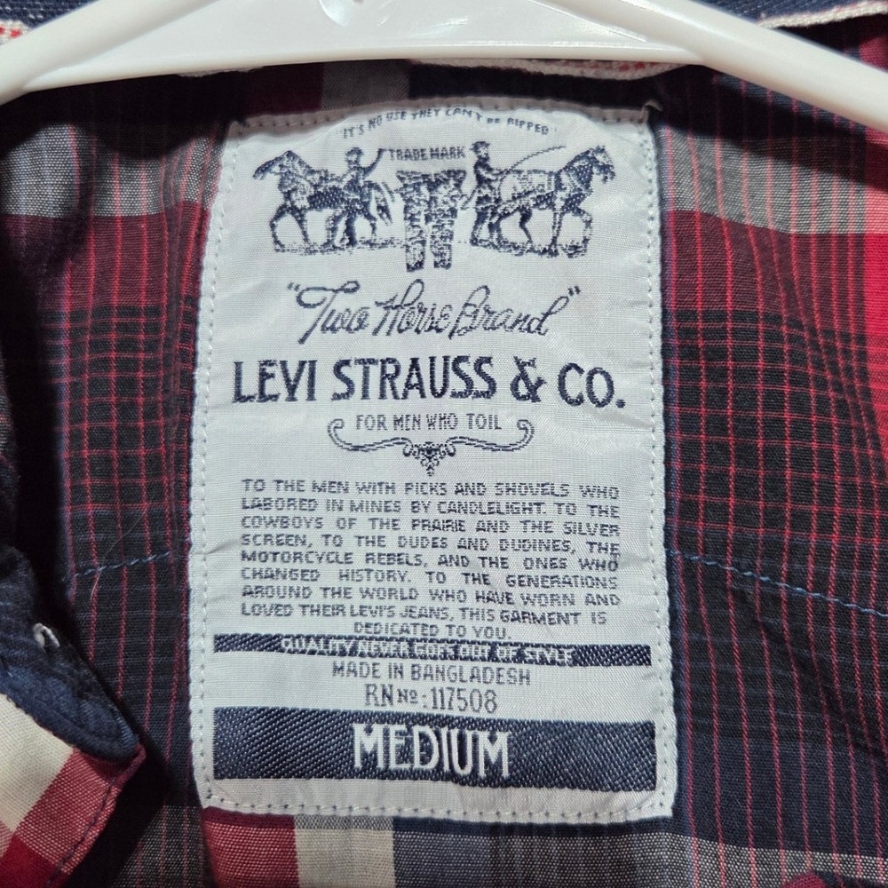Levi Strauss Pearl Snap Shirt Mens M Red Plaid Western Cotton Blend Casual 0386 - Picture 7 of 9